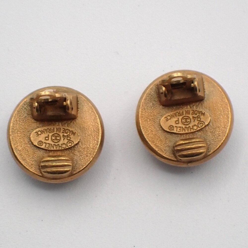 CHANEL Logo Round Button Rhinestone Earrings 94P Clip-On BK GHW Vintage 61RL667 - Picture 5 of 11